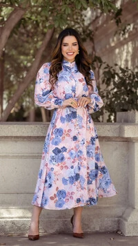 Vestido Midi Estampado Azul Atena em Crepe Saia Godê