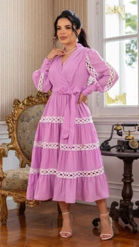 Vestido Midi Lilás Benta Crepe Decote V Saia Marias