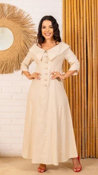 Vestido Longo Linho Zaya Gola Ampla Botões Dourados