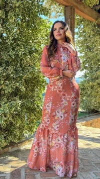Vestido Longo Floral Sereia Julieta em Crepe com Cinto