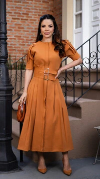 Vestido Midi Oriana em Sarja Tecnológica Canela