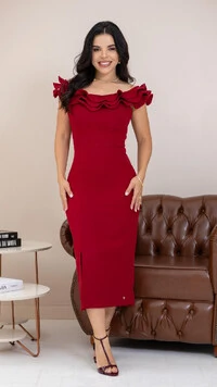 Vestido Midi Bordô Alfaiataria Elisa Detalhe no Decote