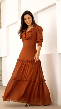 Vestido Longo Conny em Viscose com Babados