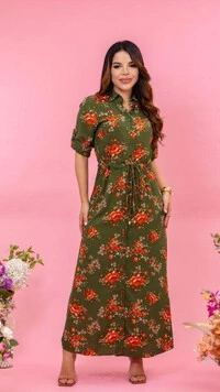 Vestido Longo Floral Chemise Mayla em Viscose com Cordão