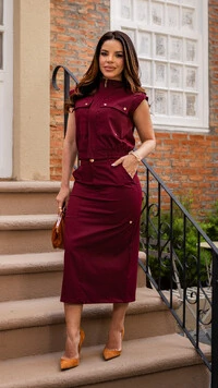 Conjunto Midi Lindy em Sarja Tecnológica com Botões vinho