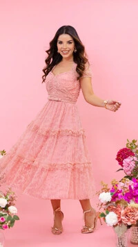 Vestido Midi Janice Tule com Veludo Devorê Decote Coração