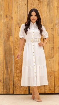 Vestido Midi Branco Chemise Cintia Crepe Vichy com Cinto