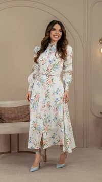 Vestido Midi Estampado Nazaré com Cinto e Botões Pérola
