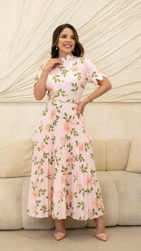 Vestido Midi Floral Jurema Plissado com Gola Scalop