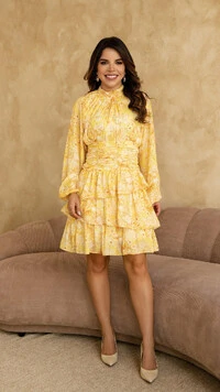 Vestido Curto Amarelo Cassandra Poliéster Acinturado