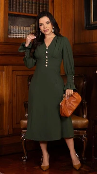 Vestido Midi Miriane em Malha Alfaiataria com Botões Verde