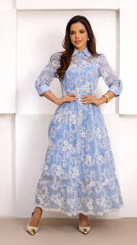 Vestido Longo Greice em Liocel com Bordado Floral