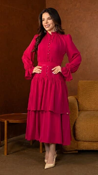 Vestido Midi Cappuccino Felicia Crepe Gola Alta