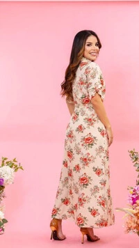 Vestido Longo Floral Chemise Mayla em Viscose com Cordão