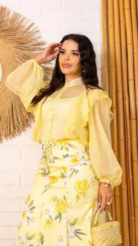 Camisa Edite em Organza com Babados Manga Longa
