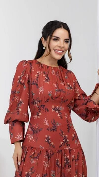 Vestido Longo Telha Noeli Estampa Invernal Manga Longa