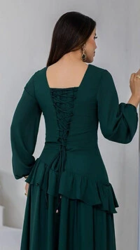 Vestido Longo Crepe Suzete Corset Babados Assimétricos