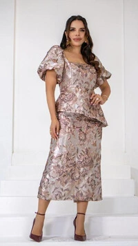 Vestido Midi Rosa Jacquard Audrey Floral com Peplum
