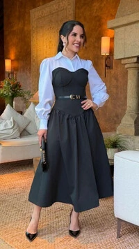 Vestido Midi Preto e Branco Alfaiataria Brena Sobreposto