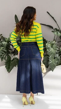 Saia Midi Jeans Mariza com Recortes e Bolsos