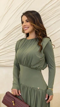 Vestido Midi Poliamida Camélia Drapeado Assimétrico