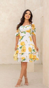 Vestido Curto Floral Gisela Crepe Decote Coração Bufante