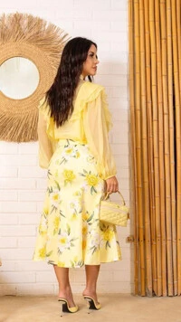Saia Midi Ariene Estampada com Amarração Frontal