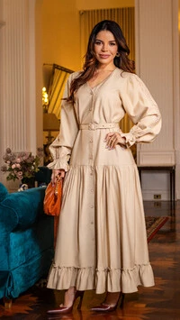 Vestido Max Midi Madson em Viscose Sarjada com Cinto Bege