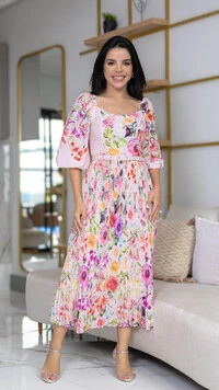 Vestido Midi Floral Alexandra Silk Span Saia Plissada