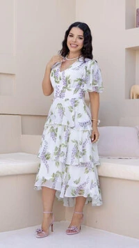 Vestido Midi Estampado Clara Crepe Gola V Barra Mullet