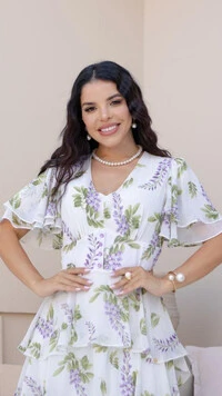 Vestido Midi Estampado Clara Crepe Gola V Barra Mullet
