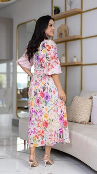 Vestido Midi Floral Alexandra Silk Span Saia Plissada