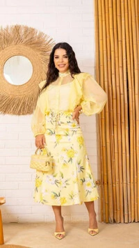 Saia Midi Ariene Estampada com Amarração Frontal
