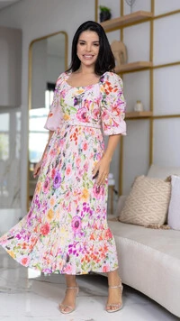 Vestido Midi Floral Alexandra Silk Span Saia Plissada