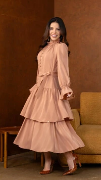 Vestido Midi Cappuccino Felicia Crepe Gola Alta