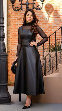 Conjunto Musa Corset e Saia Max Midi com Visual de Couro Preto