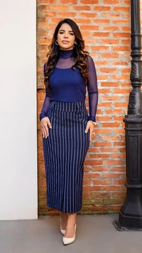 Saia Max Midi Tamy em Alfaiataria Listrada com Fenda
