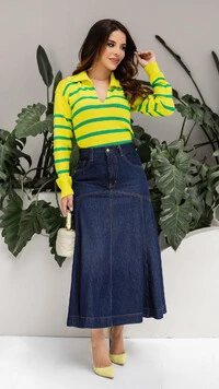 Saia Midi Jeans Mariza com Recortes e Bolsos
