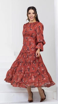 Vestido Longo Telha Noeli Estampa Invernal Manga Longa