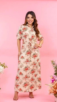 Vestido Longo Floral Chemise Mayla em Viscose com Cordão