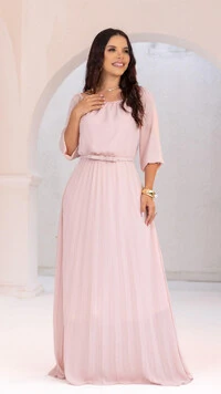 Vestido Longo Rosa Dora Crepe Saia Plissada com Cinto Laço