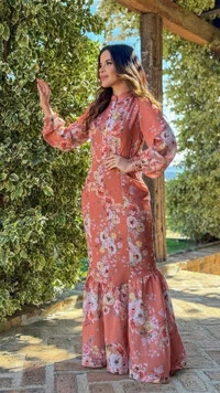 Vestido Longo Floral Sereia Julieta em Crepe com Cinto