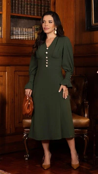 Vestido Midi Miriane em Malha Alfaiataria com Botões Verde