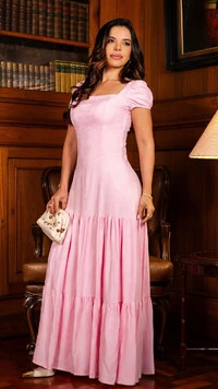 Vestido Jacquard Giulia com Decote Quadrado Rosa