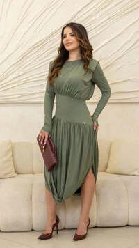 Vestido Midi Poliamida Camélia Drapeado Assimétrico