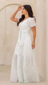 Vestido Longo Azul Geométrico Raika Algodão Três Marias
