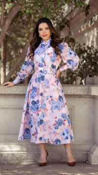 Vestido Midi Estampado Azul Atena em Crepe Saia Godê