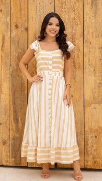 Vestido Longo Listrado Jordana em Algodão com Botões