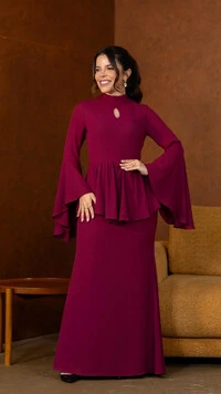Vestido Longo Bordô Tayane Crepe Gola Alta