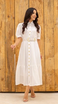 Vestido Midi Branco Chemise Cintia Crepe Vichy com Cinto